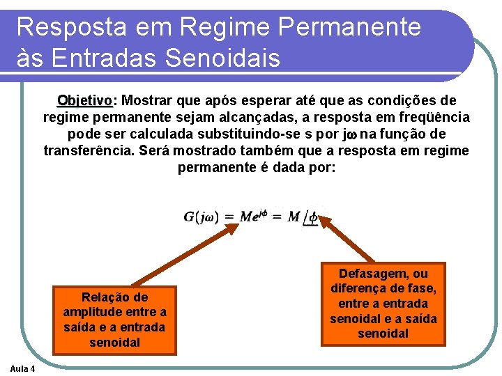 Resposta em Regime Permanente às Entradas Senoidais Objetivo: Objetivo Mostrar que após esperar até