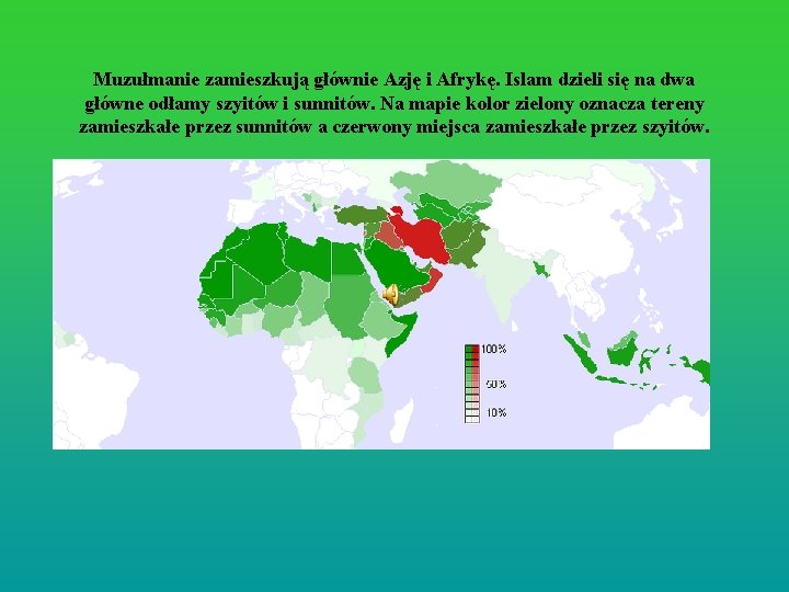 Muzułmanie zamieszkują głównie Azję i Afrykę. Islam dzieli się na dwa główne odłamy szyitów