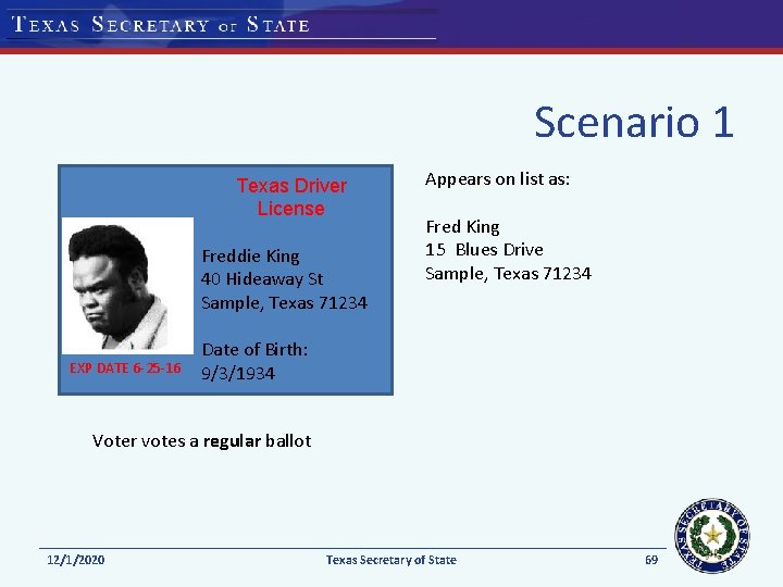 Scenario 1 Texas Driver License Freddie King 40 Hideaway St Sample, Texas 71234 EXP