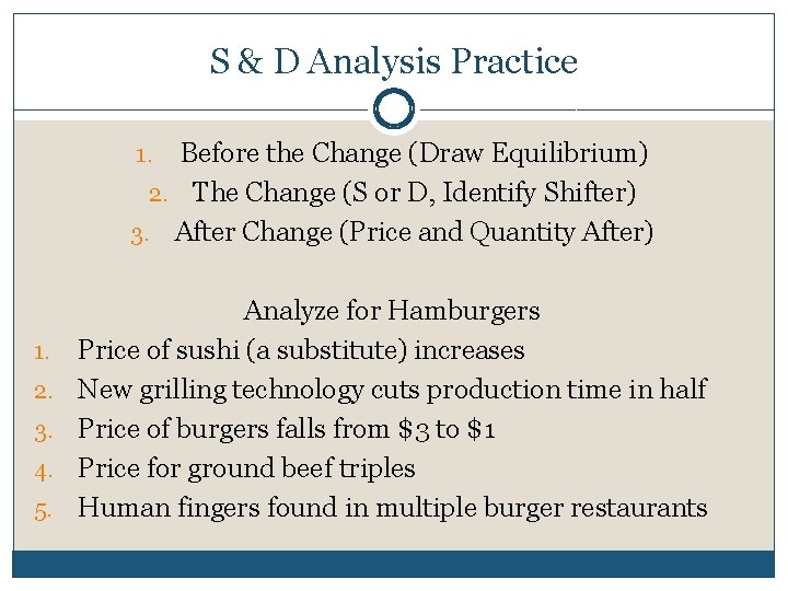 S & D Analysis Practice Before the Change (Draw Equilibrium) 2. The Change (S