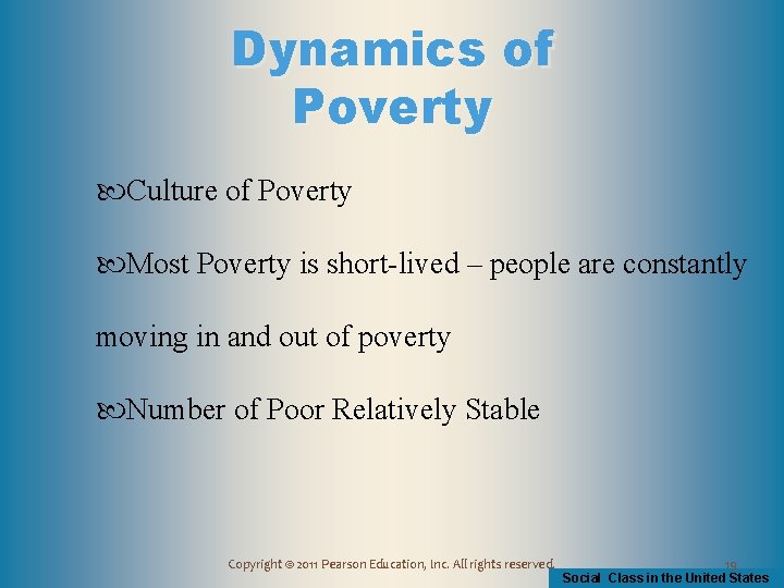 Dynamics of Poverty Culture of Poverty Most Poverty is short-lived – people are constantly