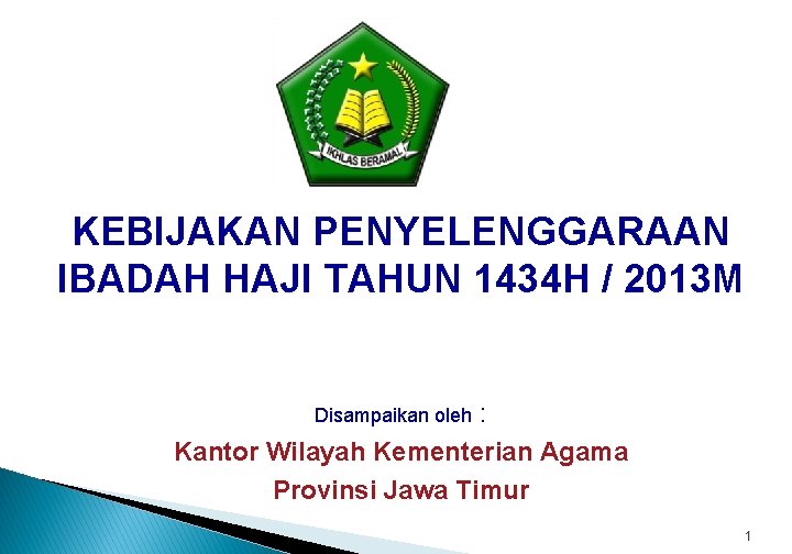 KEBIJAKAN PENYELENGGARAAN IBADAH HAJI TAHUN 1434 H / 2013 M Disampaikan oleh : Kantor