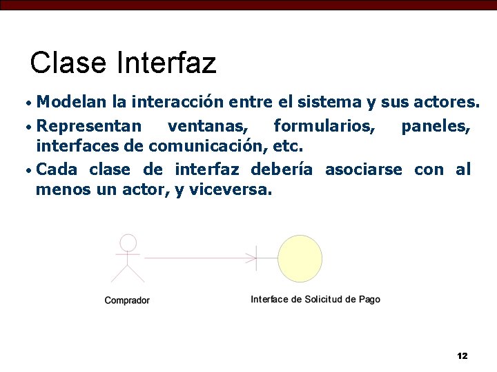 Clase Interfaz Modelan la interacción entre el sistema y sus actores. • Representan ventanas,