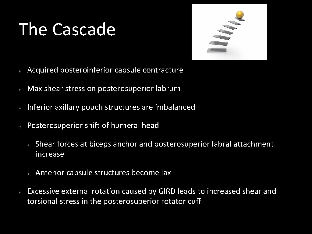 The Cascade Acquired posteroinferior capsule contracture Max shear stress on posterosuperior labrum Inferior axillary