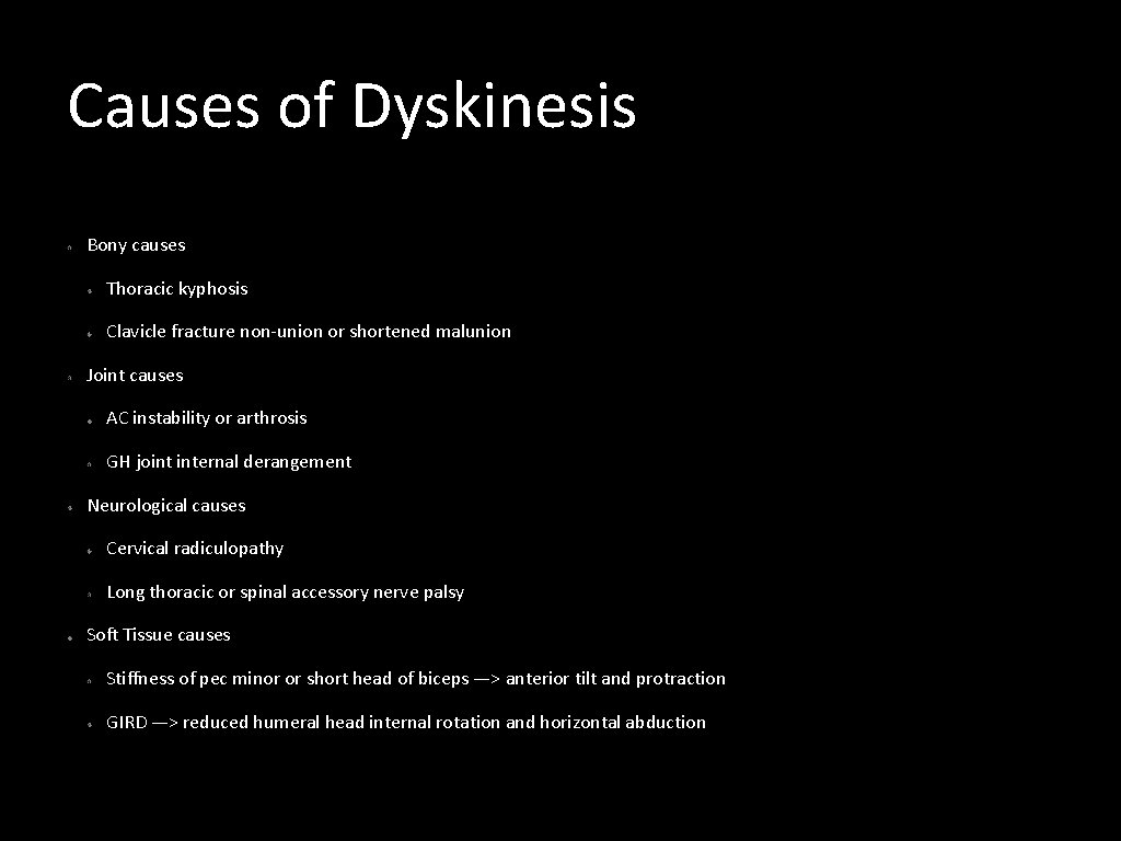 Causes of Dyskinesis Bony causes Thoracic kyphosis Clavicle fracture non-union or shortened malunion Joint