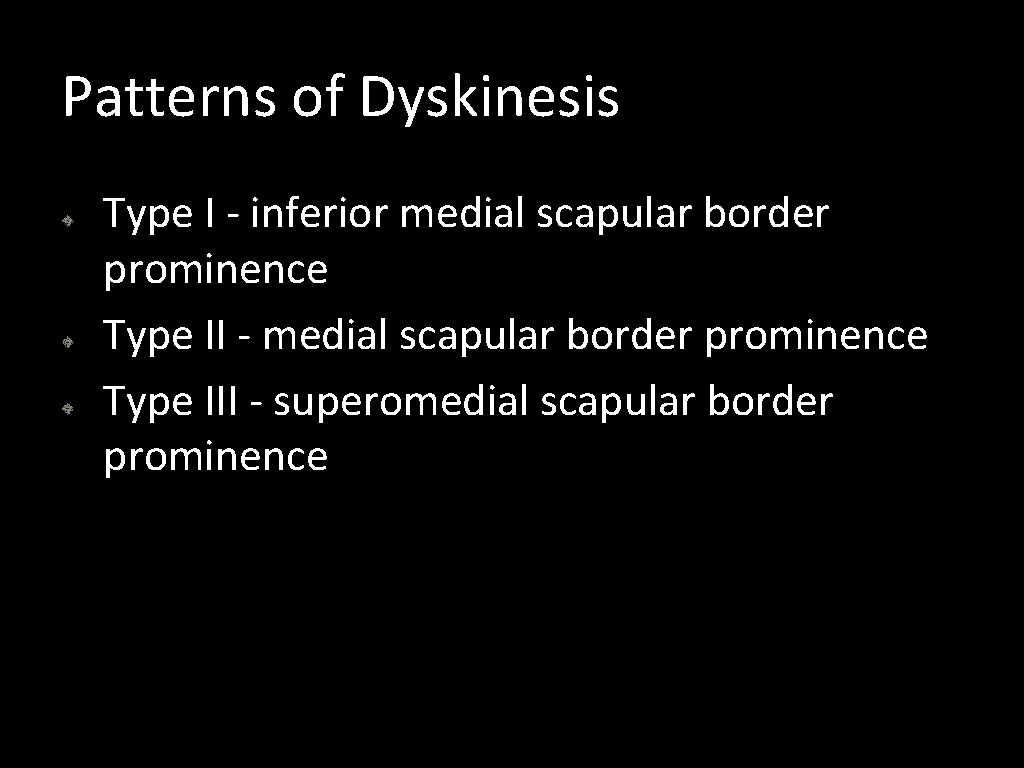 Patterns of Dyskinesis Type I - inferior medial scapular border prominence Type II -