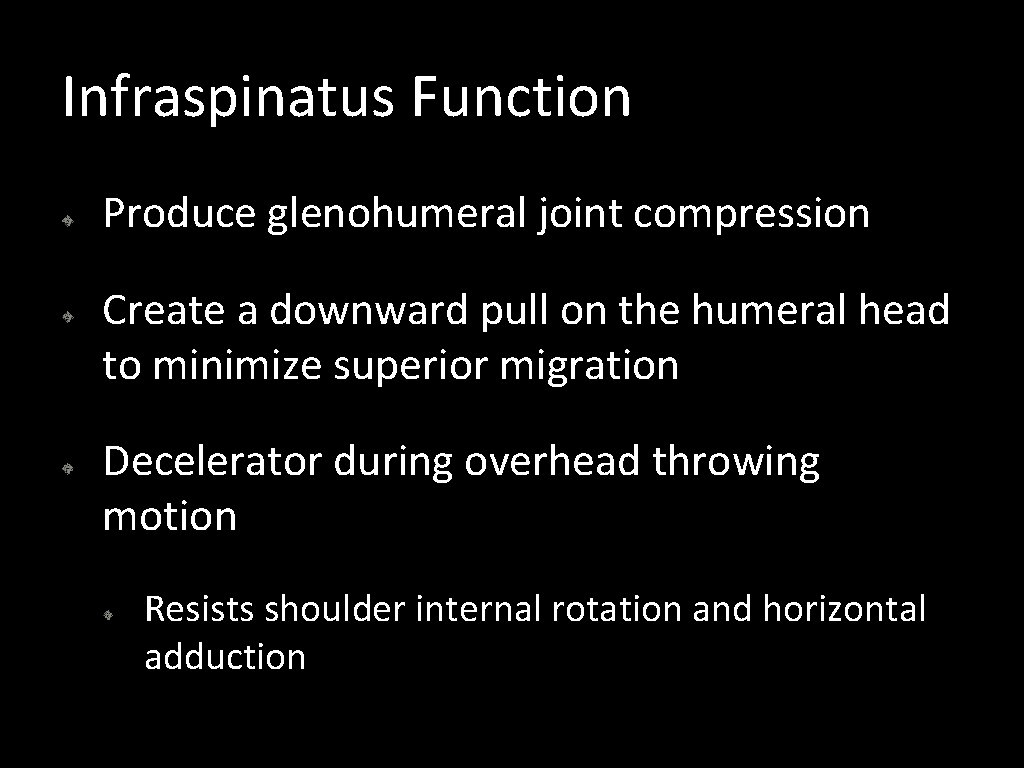 Infraspinatus Function Produce glenohumeral joint compression Create a downward pull on the humeral head