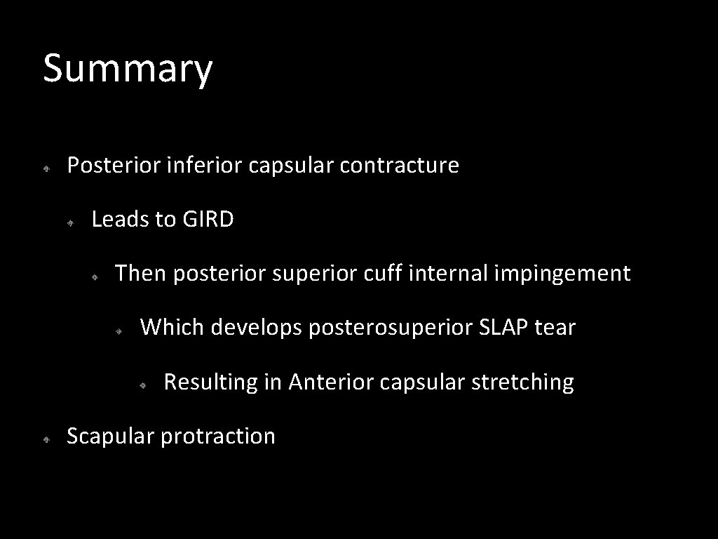 Summary Posterior inferior capsular contracture Leads to GIRD Then posterior superior cuff internal impingement