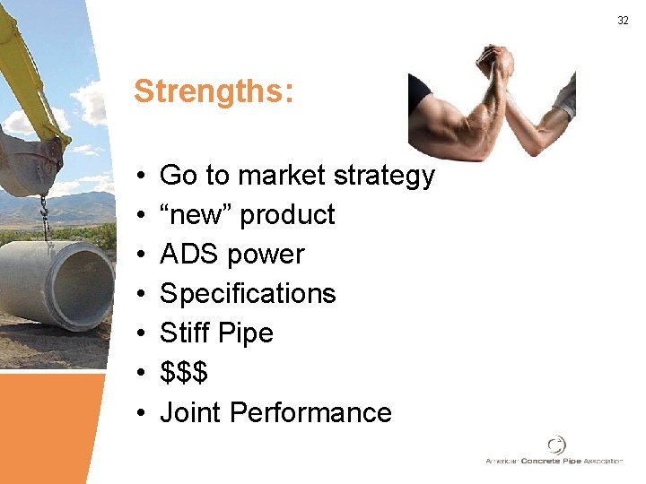 32 Strengths: • • Go to market strategy “new” product ADS power Specifications Stiff