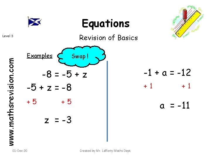 Equations Revision of Basics www. mathsrevision. com Level 3 Examples Swap ! -8 =