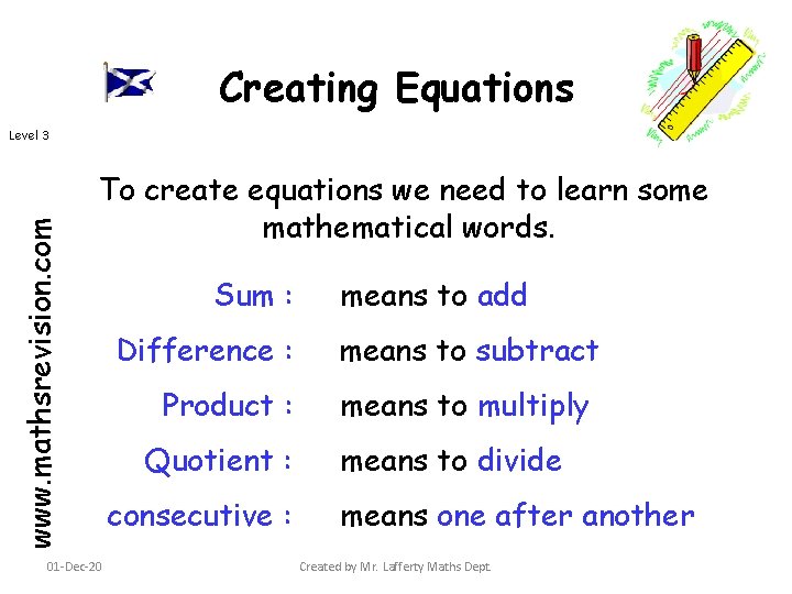 Creating Equations www. mathsrevision. com Level 3 To create equations we need to learn