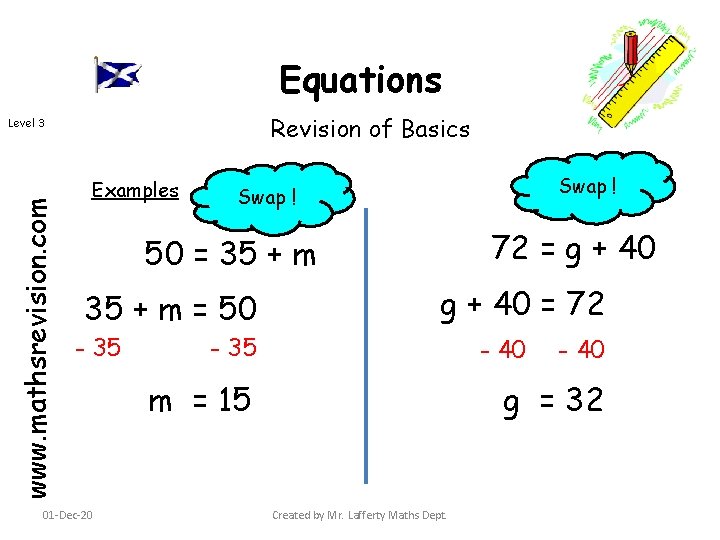 Equations Revision of Basics www. mathsrevision. com Level 3 Examples Swap ! 72 =