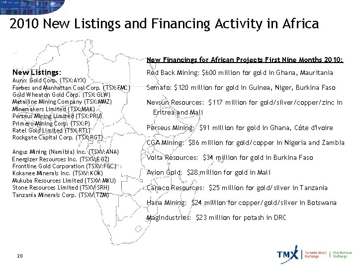 2010 New Listings and Financing Activity in Africa New Financings for African Projects First