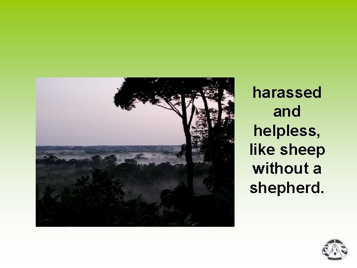 harassed and helpless, like sheep without a shepherd. 