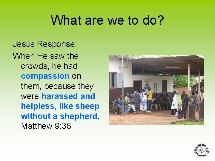 What are we to do? Jesus Response: When He saw the crowds, he had