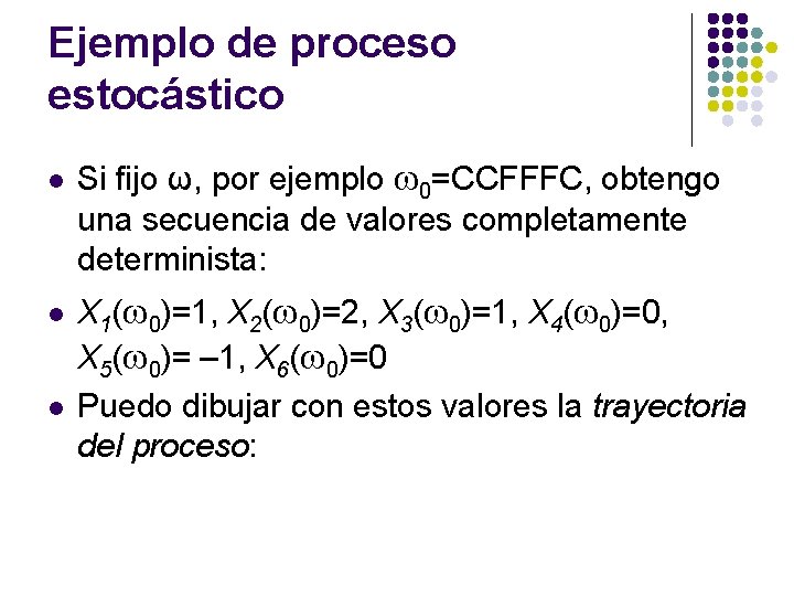 Ejemplo de proceso estocástico l l l Si fijo ω, por ejemplo 0=CCFFFC, obtengo Ejemplo de proceso estocástico l l l Si fijo ω, por ejemplo 0=CCFFFC, obtengo