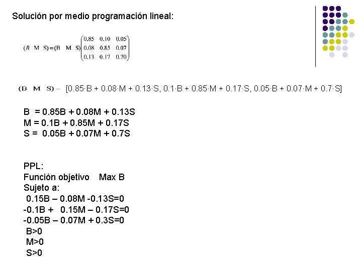 Solución por medio programación lineal: [0. 85·B + 0. 08·M + 0. 13·S, 0. Solución por medio programación lineal: [0. 85·B + 0. 08·M + 0. 13·S, 0.