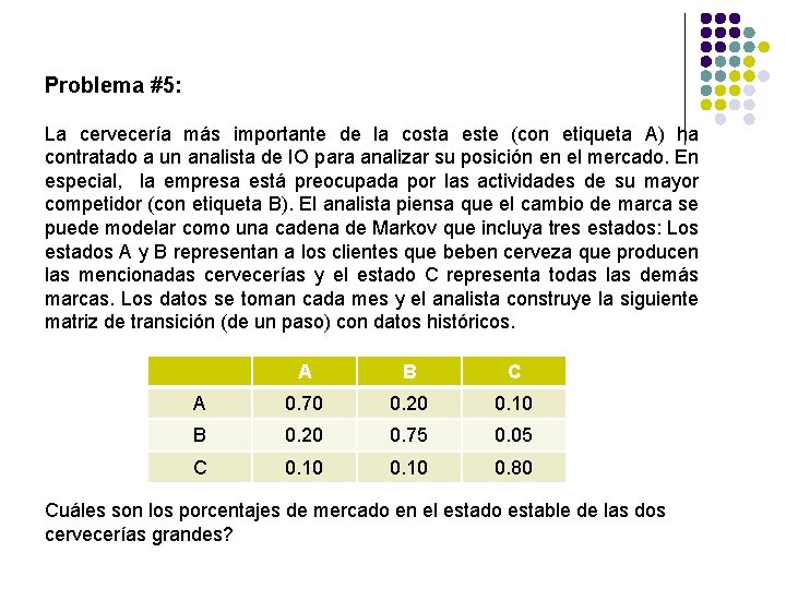 Problema #5: La cervecería más importante de la costa este (con etiqueta A) ha Problema #5: La cervecería más importante de la costa este (con etiqueta A) ha