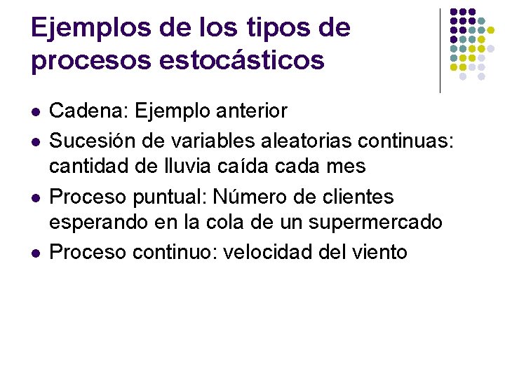 Ejemplos de los tipos de procesos estocásticos l l Cadena: Ejemplo anterior Sucesión de Ejemplos de los tipos de procesos estocásticos l l Cadena: Ejemplo anterior Sucesión de