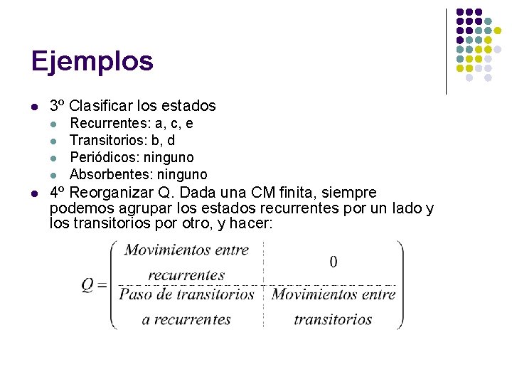 Ejemplos l 3º Clasificar los estados l l l Recurrentes: a, c, e Transitorios: Ejemplos l 3º Clasificar los estados l l l Recurrentes: a, c, e Transitorios: