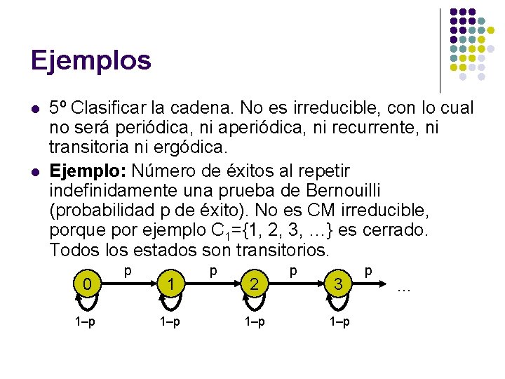 Ejemplos l l 5º Clasificar la cadena. No es irreducible, con lo cual no Ejemplos l l 5º Clasificar la cadena. No es irreducible, con lo cual no