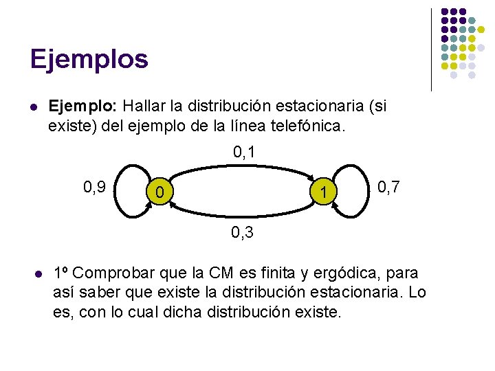 Ejemplos l Ejemplo: Hallar la distribución estacionaria (si existe) del ejemplo de la línea Ejemplos l Ejemplo: Hallar la distribución estacionaria (si existe) del ejemplo de la línea