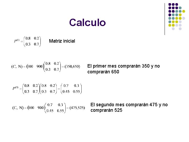 Calculo Matriz inicial El primer mes comprarán 350 y no comprarán 650 El segundo Calculo Matriz inicial El primer mes comprarán 350 y no comprarán 650 El segundo