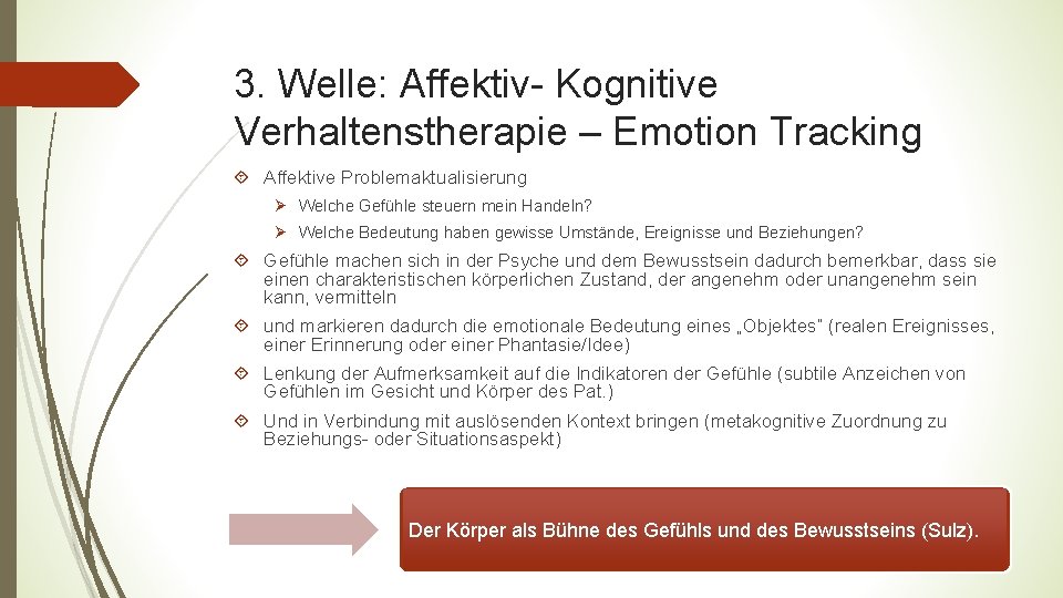 3. Welle: Affektiv- Kognitive Verhaltenstherapie – Emotion Tracking Affektive Problemaktualisierung Ø Welche Gefühle steuern