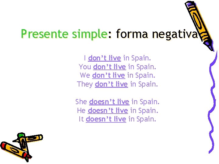 Presente simple: forma negativa I don’t live in Spain. You don’t live in Spain. Presente simple: forma negativa I don’t live in Spain. You don’t live in Spain.