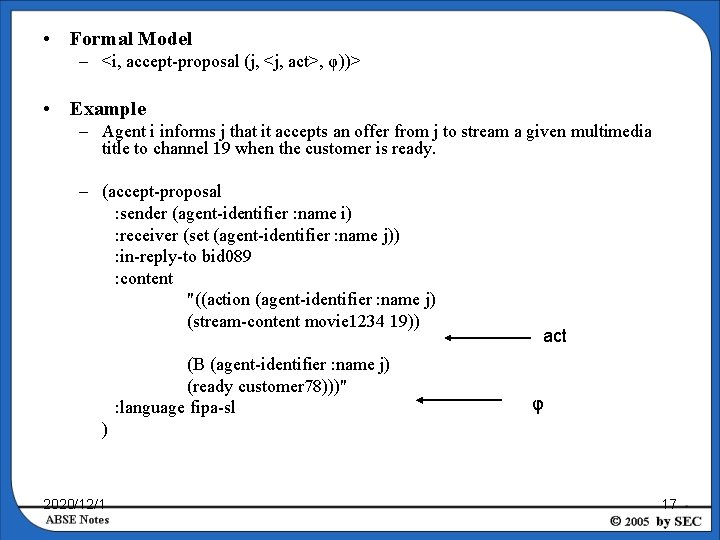  • Formal Model – <i, accept-proposal (j, <j, act>, φ))> • Example –