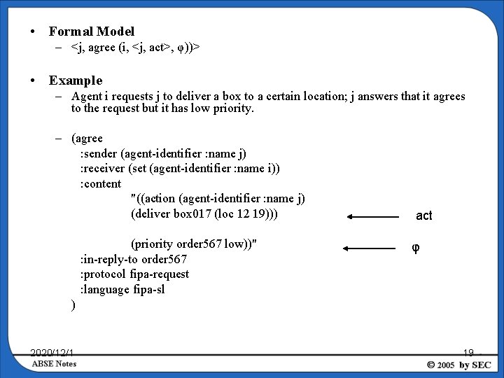  • Formal Model – <j, agree (i, <j, act>, φ))> • Example –