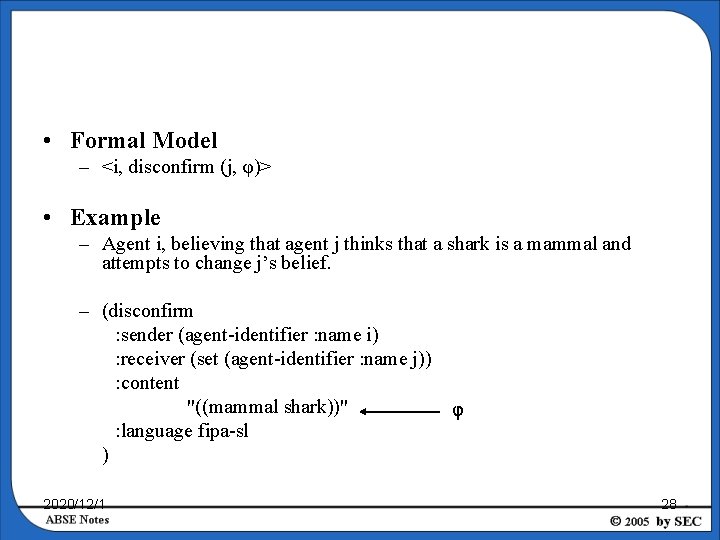  • Formal Model – <i, disconfirm (j, φ)> • Example – Agent i,