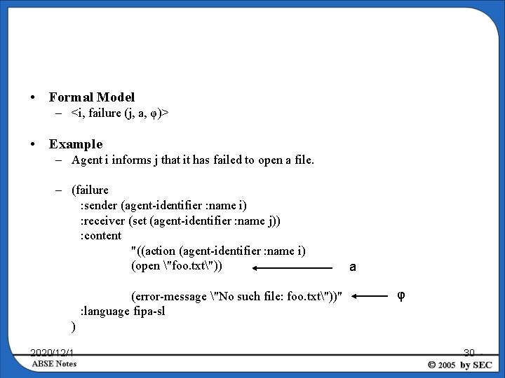 • Formal Model – <i, failure (j, a, φ)> • Example – Agent