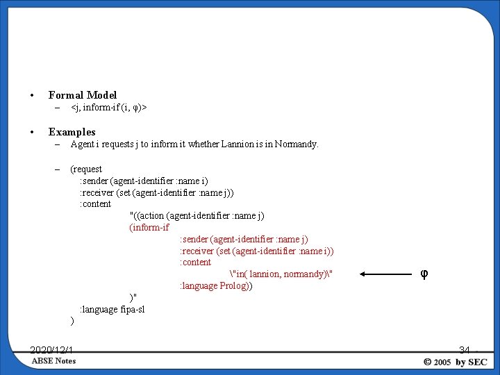  • Formal Model – • <j, inform-if (i, φ)> Examples – Agent i