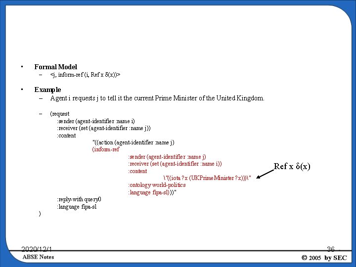  • Formal Model – • <j, inform-ref (i, Ref x δ(x))> Example –