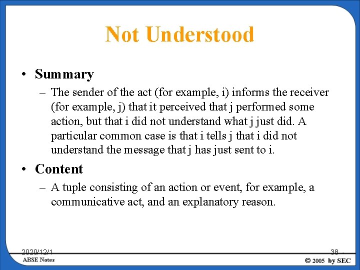 Not Understood • Summary – The sender of the act (for example, i) informs