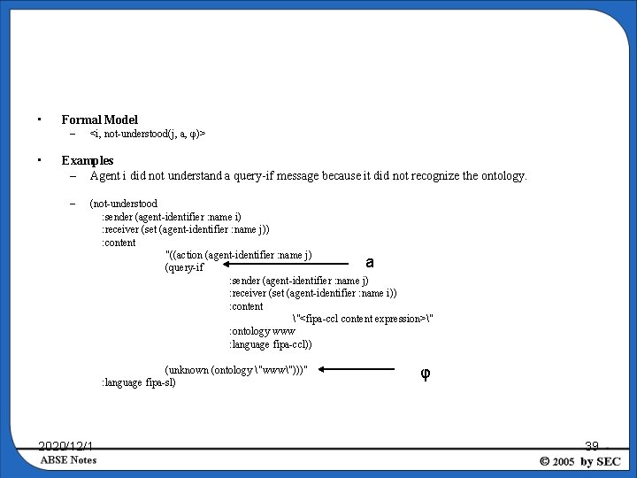  • Formal Model – • <i, not-understood(j, a, φ)> Examples – Agent i