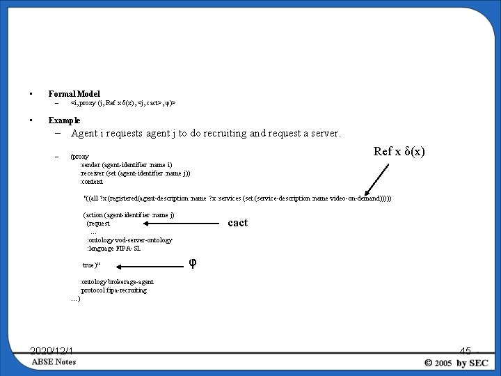  • Formal Model – • <i, proxy (j, Ref x δ(x), <j, cact>,