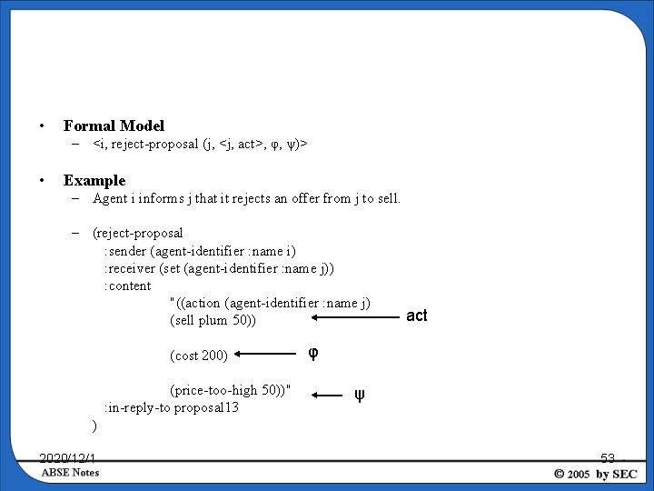  • Formal Model – <i, reject-proposal (j, <j, act>, φ, ψ)> • Example