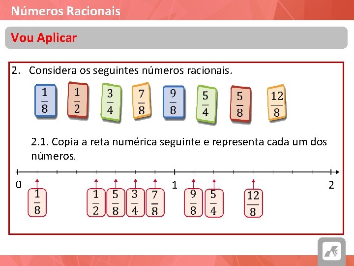 Números Racionais Vou Aplicar 2. Considera os seguintes números racionais. 2. 1. Copia a