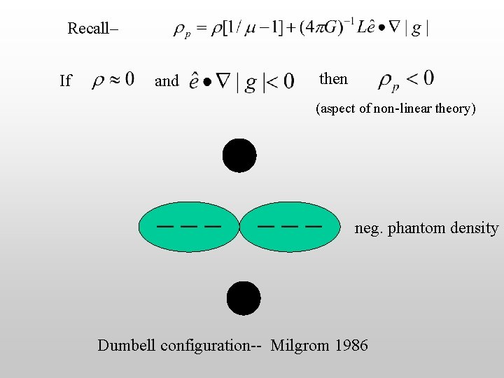 Recall– If and then (aspect of non-linear theory) neg. phantom density Dumbell configuration-- Milgrom