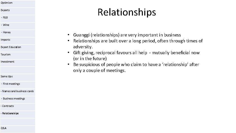 Optimism Relationships Exports - F&B - Wine - Honey Imports Export Education Tourism Investment Optimism Relationships Exports - F&B - Wine - Honey Imports Export Education Tourism Investment