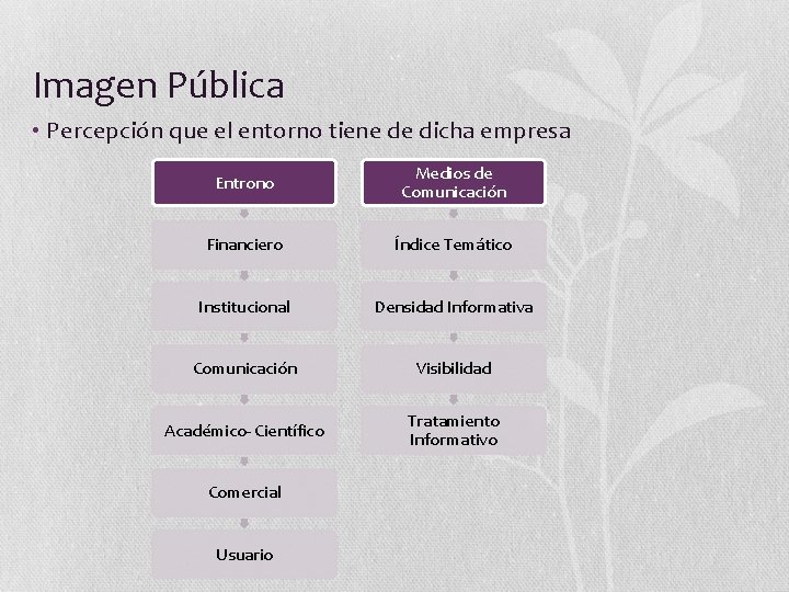 Imagen Pública • Percepción que el entorno tiene de dicha empresa Entrono Medios de