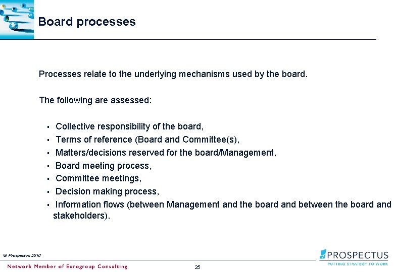 Board processes Processes relate to the underlying mechanisms used by the board. The following