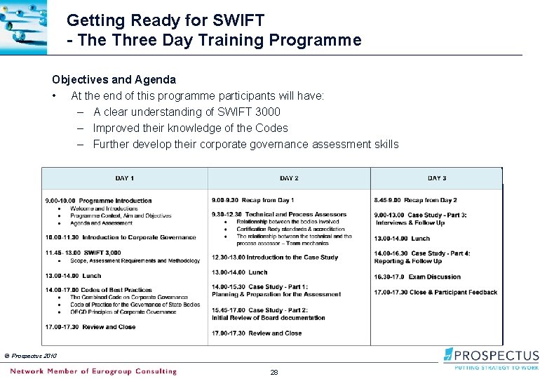 Getting Ready for SWIFT - The Three Day Training Programme Objectives and Agenda •