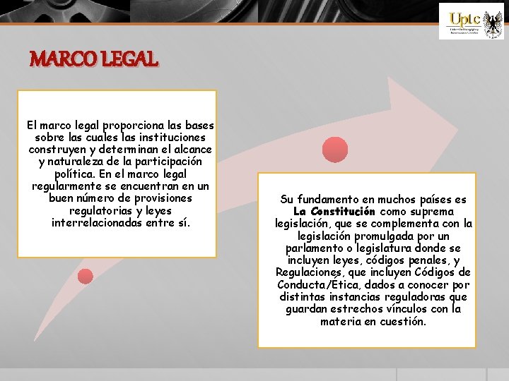MARCO LEGAL El marco legal proporciona las bases sobre las cuales las instituciones construyen