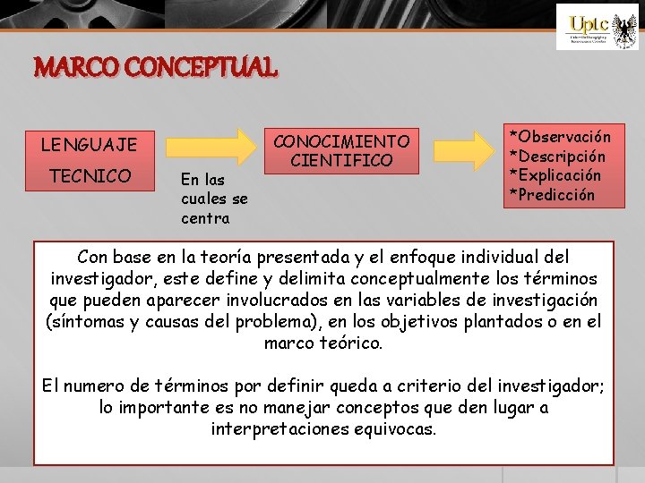 MARCO CONCEPTUAL LENGUAJE TECNICO En las cuales se centra CONOCIMIENTO CIENTIFICO *Observación *Descripción *Explicación