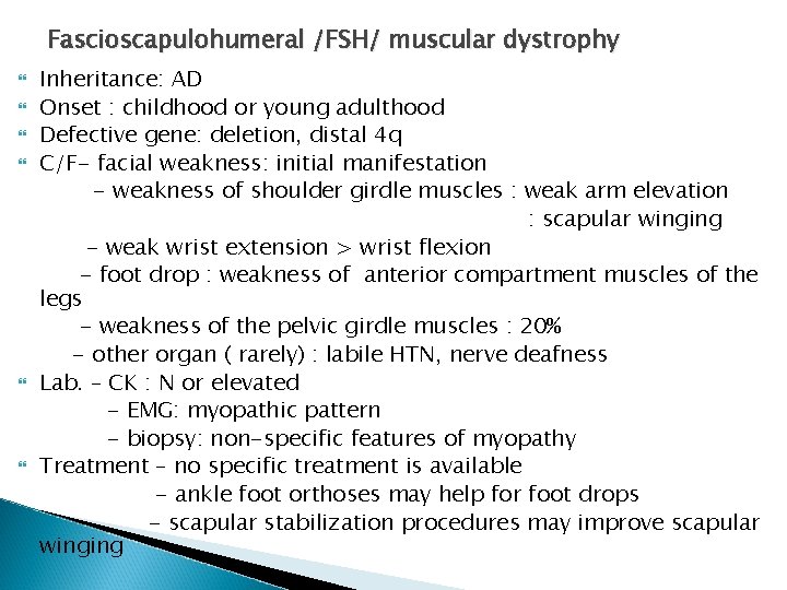 Fascioscapulohumeral /FSH/ muscular dystrophy Inheritance: AD Onset : childhood or young adulthood Defective gene: Fascioscapulohumeral /FSH/ muscular dystrophy Inheritance: AD Onset : childhood or young adulthood Defective gene: