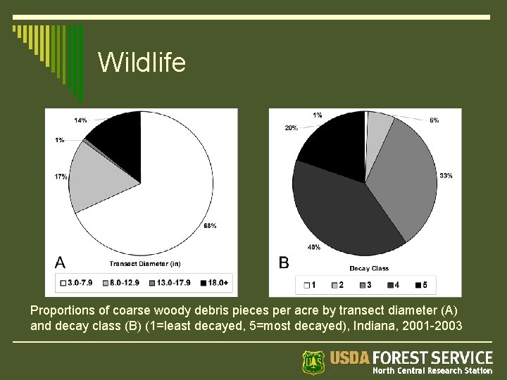 Wildlife Proportions of coarse woody debris pieces per acre by transect diameter (A) and