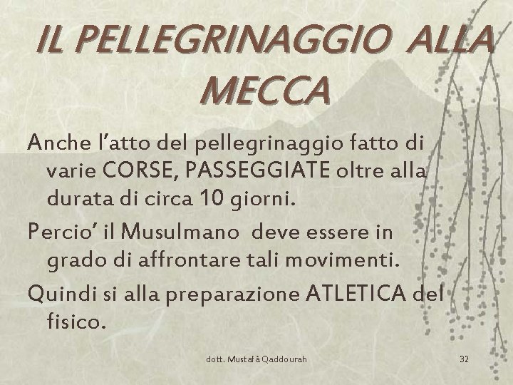 IL PELLEGRINAGGIO ALLA MECCA Anche l’atto del pellegrinaggio fatto di varie CORSE, PASSEGGIATE oltre